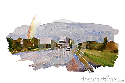 Watercolor landscape with autumn road after the rain, rainbow and some cars and vans on their way. Original Stock Photo