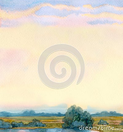 Watercolor landscape background. Morning mist over the lake Stock Photo