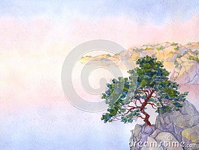 Watercolor landscape background. Pine on a cliff above the sea Stock Photo