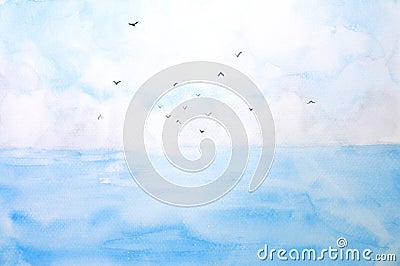 Watercolor landscape blue sea and sky with birds in summer. Stock Photo