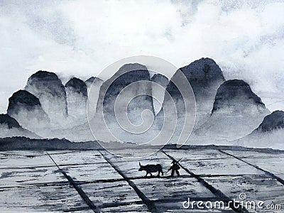 Watercolor landscape chinese mountain field with buffalo and farmer man in the countryside.traditional oriental ink asia art style Stock Photo