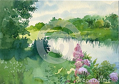 Watercolor Landscape Collection: Near the River Stock Photo