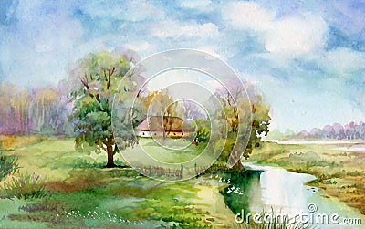 Watercolor Landscape Collection: Village Life Stock Photo