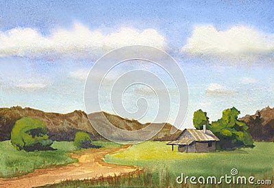 Watercolor landscape countryside road, little house, trees and hills Stock Photo