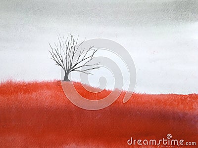 Watercolor landscape dead tree in red meadow field. Stock Photo