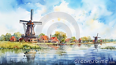 Watercolor Landscape With Dutch Windmills A Detailed Illustration Stock Photo