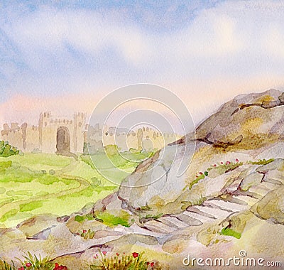 Watercolor landscape. Field at the old fortress Stock Photo