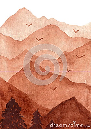 Abstract terracotta mountains with trees. Watercolor landscape hand painting illustration. Cartoon Illustration