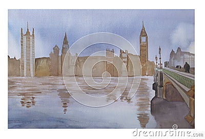 Watercolor landscape illustation London bridge and Tower Stock Photo
