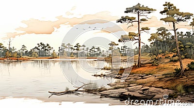 Watercolor Landscape Illustration Pine Trees Along Calm Waters Cartoon Illustration