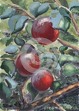 Watercolor landscape. Juicy beautiful ripe fruit on a tree surrounded by green foliage Stock Photo