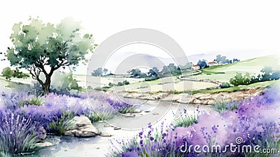 Watercolor Landscape: Lavender Fields And River Stream Stock Photo