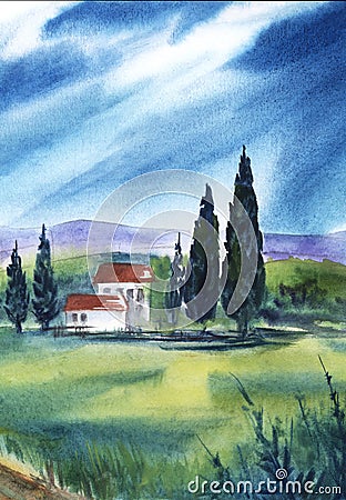 Watercolor landscape of lovely countryside houses with tall cypresses on background of green hills and high mountains beneath blue Cartoon Illustration