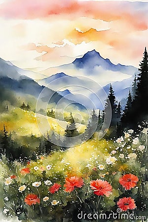 Watercolor landscape. Majestic blue mountains, forest, meadows in sunset Stock Photo