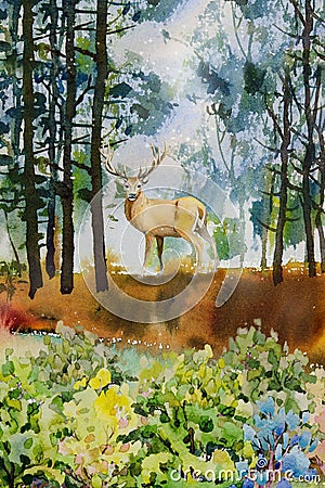 Watercolor landscape of male animal, deer concept Cartoon Illustration