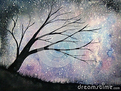 Watercolor landscape milky way and dead tree sakura. Stock Photo