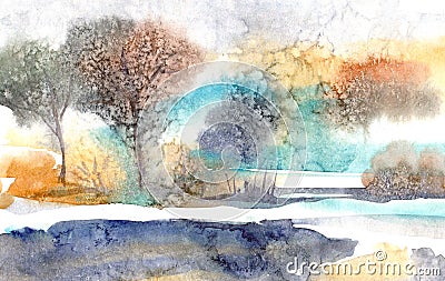 Watercolor landscape. Morning in the forest around the lake. Stock Photo