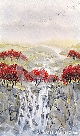 Watercolor landscape. Mountain stream flows through the autumn f Stock Photo