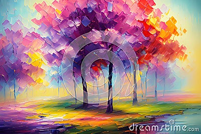 Watercolor landscape, multicolored forest, trees with colorful leaves, artistic vision of autumn splash art. Generative Ai Cartoon Illustration