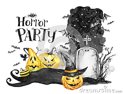 Watercolor landscape. Old grave, holidays pumpkins and flock of bats . Halloween holiday illustration. Magic, symbol of Cartoon Illustration