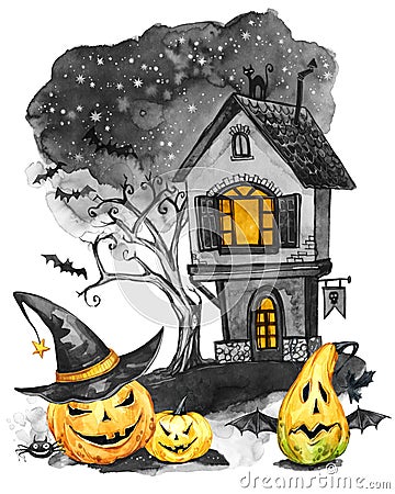 Watercolor landscape. Old house, cemetery and holidays pumpkins. Halloween holiday illustration. Magic, symbol of horror Cartoon Illustration