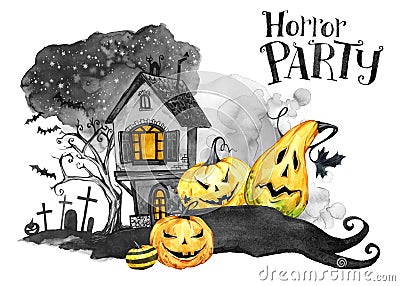 Watercolor landscape. Old house, cemetery and holidays pumpkins. Halloween holiday illustration. Magic, symbol of horror Cartoon Illustration