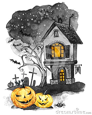 Watercolor landscape. Old house, cemetery and holidays pumpkins. Halloween holiday illustration. Magic, symbol of horror Cartoon Illustration