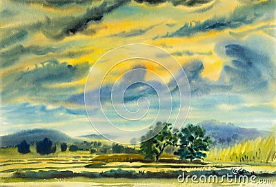 Watercolor landscape original painting colorful of mountain Stock Photo