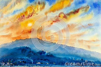 Watercolor landscape original painting colorful of mountain Stock Photo