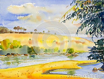 Watercolor landscape original painting colorful of river and mountain. Cartoon Illustration