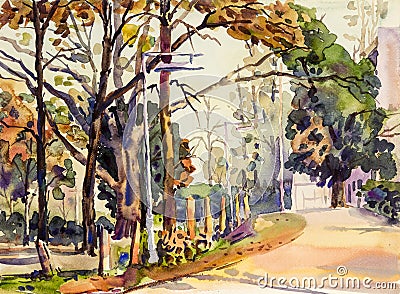 Watercolor landscape original painting colorful of road to nature Stock Photo