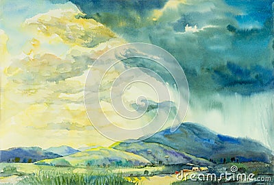 Watercolor landscape original painting colorful of sunny rain Stock Photo