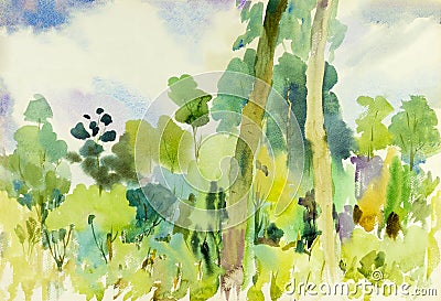 Watercolor landscape original painting colorful of tropical Forest Stock Photo