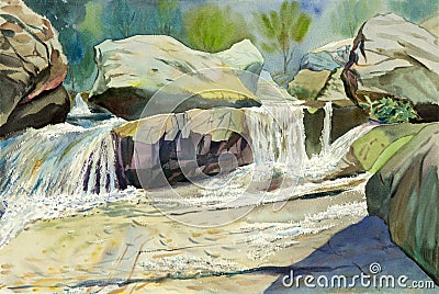 Watercolor landscape original painting colorful of waterfall Stock Photo