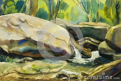 Watercolor landscape original painting colorful of waterfall Stock Photo