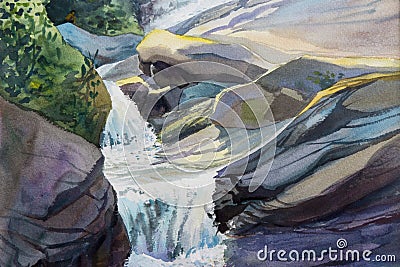 Watercolor landscape original painting colorful of waterfall. Cartoon Illustration