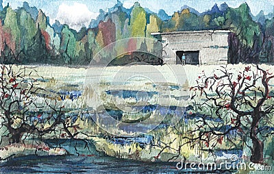 Watercolor landscape original painting Editorial Stock Photo