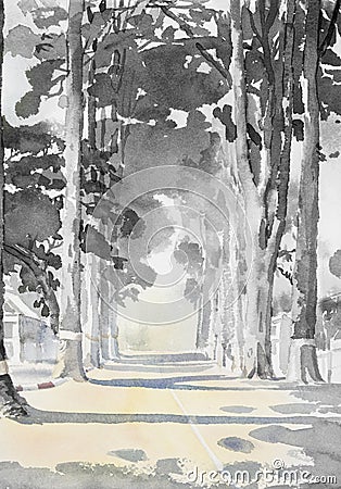 Watercolor landscape painting black, white color of Tunnel trees Cartoon Illustration