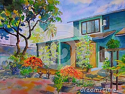 Watercolor landscape painting colorful of my home,flowers garden. Cartoon Illustration