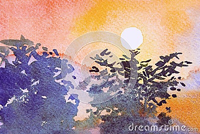 Watercolor landscape painting of sunset above the tree. Stock Photo