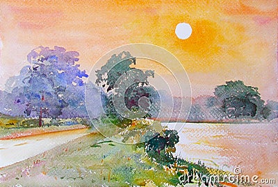Watercolor landscape painting of sunset near the marsh at countryside. Cartoon Illustration