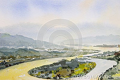 Watercolor landscape painting top view colorful of Mekong River Cartoon Illustration