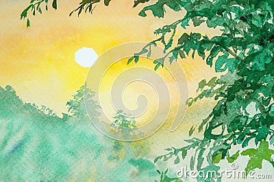 Watercolor landscape painting yellow, orange color of sunrise. Stock Photo