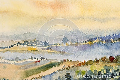 Watercolor landscape paintings colorful mountain range and sky Cartoon Illustration