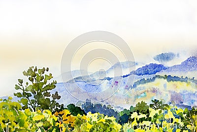 Watercolor landscape paintings colorful mountain range and sky cloud in abstract background Cartoon Illustration