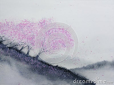 Watercolor landscape pink trees cherry blossom or sakura leaf falling to the wind in mountain hill with meadow field. traditional Stock Photo