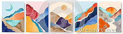 Watercolor landscape poster. Abstract minimalist painting with mountains. Wall art posters with watercolor texture Vector Illustration