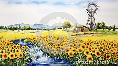 Watercolor Landscape: Quaint Windmill, Sunflowers, And Waterfall Cartoon Illustration