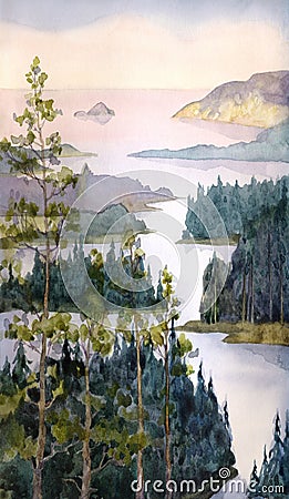 Watercolor landscape. River of spruce forest Stock Photo