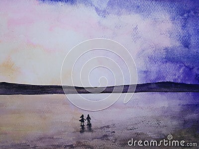 Watercolor silhouette landscape romantic sea sunset couple in love holding hands looking the sky. Stock Photo